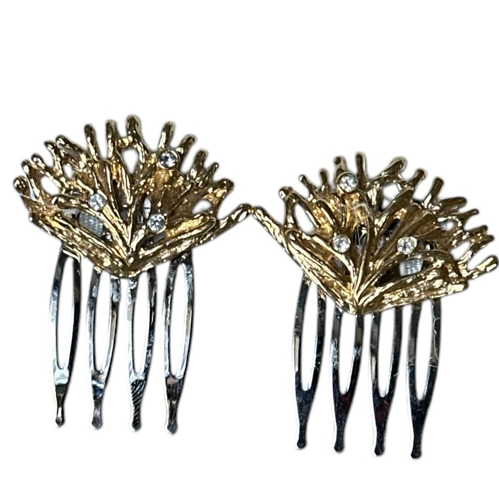 Coral Hair Comb Set Gold-Tone Rhinestones Beach Bridal Resort Hair Accessory